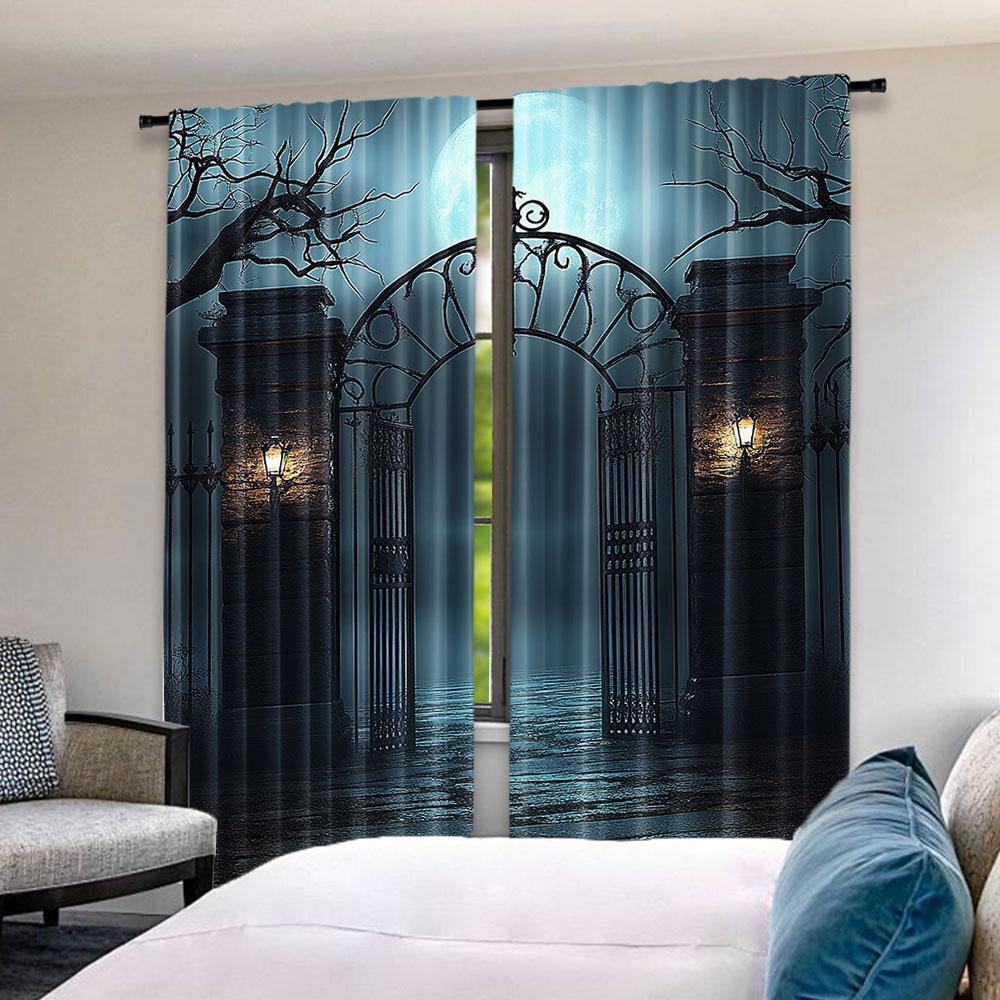 2Pcs Horror House Curtain Moon Halloween Historical Gate Gothic Candles Wall Lamp For Living Room Bedroom Dining Room