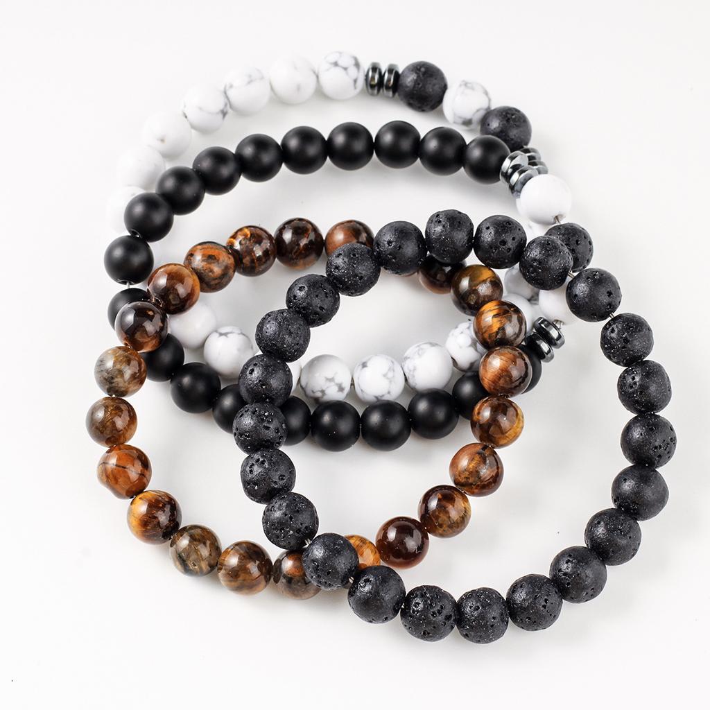 Festive Gifts Lava Rock Tiger Eye And Howlite Beaded Bracelet Set Natural Stone Fashion Jewelry For Men Women Daily Wear Simple Versatile Accessory