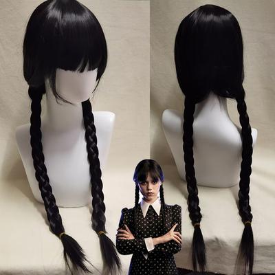 Çarşamba Addams Cosplay Peruk Kızlar Siyah Uzun Örgülü Peruk Çarşamba Cosplay Sentetik Kıllar Kadınlar için Cadılar Bayramı Peruk
