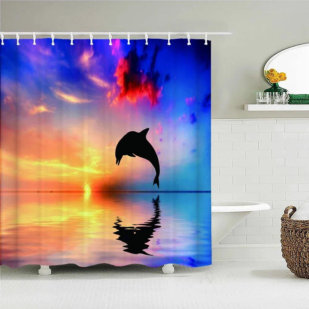 Sunlight Ocean Beach Fabric Shower Curtain Bathroom Curtains Sunset Dusk Sea Animal Dolphin Bath Screen with 12 Hooks 300x180
