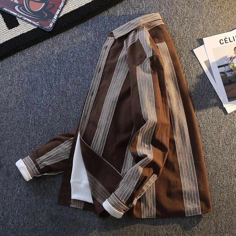 Men Thin Striped Long Sleeve Shirt New Loose Spring Autumn Color Block Casual Outerwear Trendy Commute Fashion Top