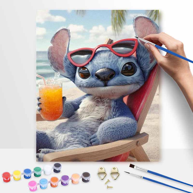 Disney Oil Painting DIY Digital Painting Cute Stitch On Summer Beach with Sunglasses Wall Art for Living Room and Entryway.