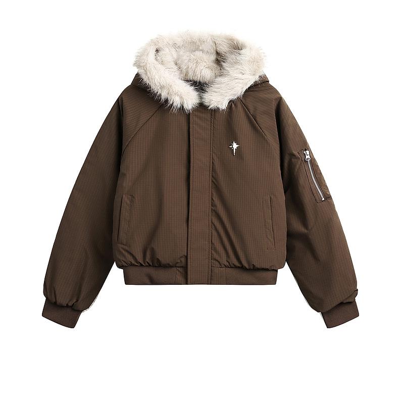Unisex Short Winter Cotton Jacket with Thick Fur Collar Hood