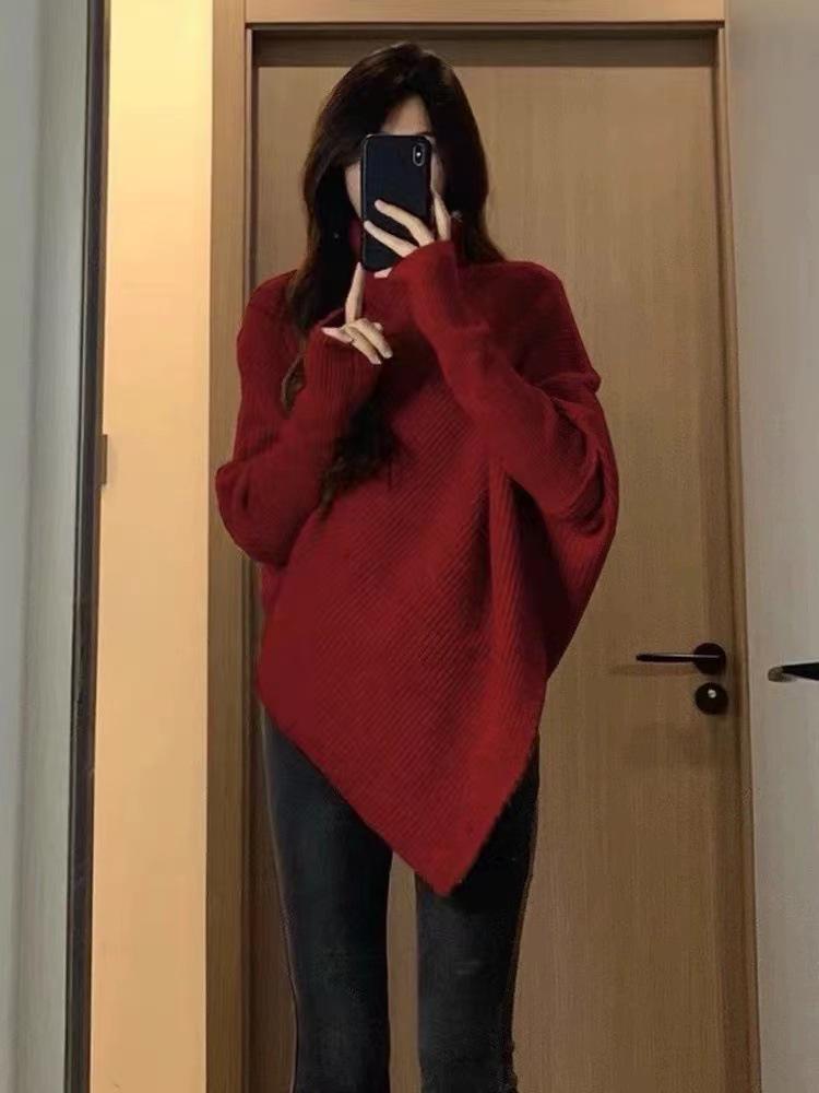 Women's Pure Wool Thickened Turtleneck Sweater, Irregular Loose Knit, Cozy Autumn/Winter Style