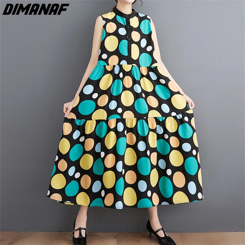 

DIMANAF 2023, летнее платье-рубашка больших размеров, женское свободное платье с цветочным принтом, пляжное повседневное женское платье в горошек с круглым вырезом one size разноцветный
