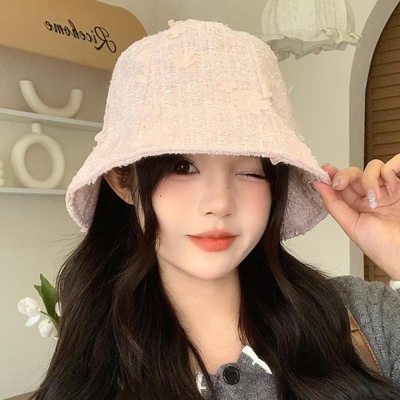 Little Fragrant Style Cute Flower Fisherman Hat for Women In Autumn and Winter Windproof Face Small Pot Hat Korean Versatile Sweet Bucket Hat