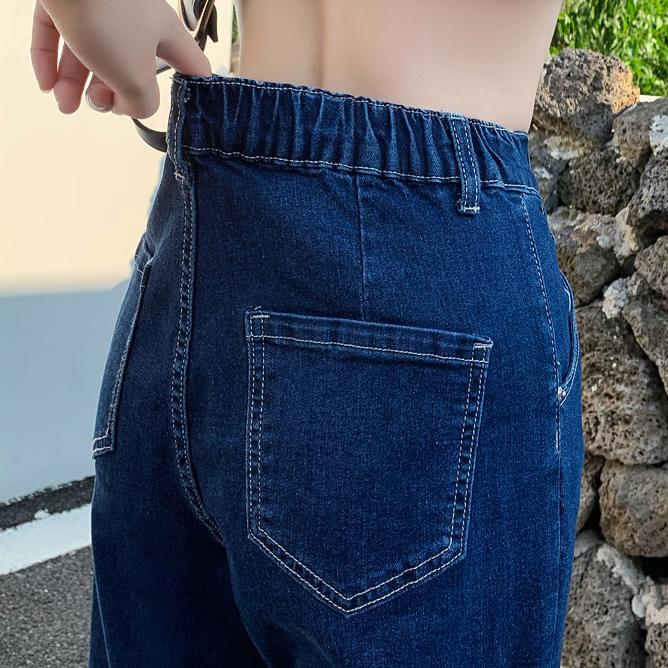 DIMANAF 2024 Autumn Women Jeans Pants High Waist Elastic Buttons Basic Trousers Blue Long Pants