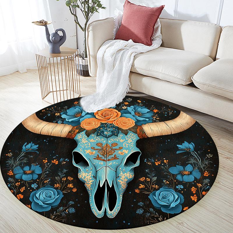 Cow Skull pattern round rug,Carpet Rug for Living Room Bedroom Sofa Playroom Decor,Non-slip Floor Mat,Holiday Gifts and Birthday Gifts