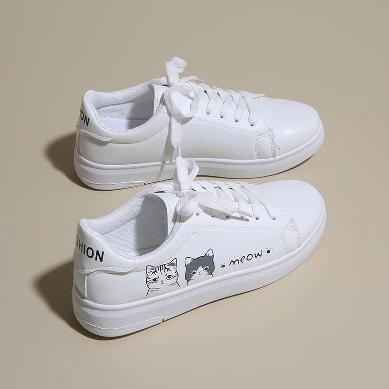 Women's White Vulcanized Shoes | Fashionable Breathable PU, Cute Cat Cartoon Shoelaces, Casual Footwear