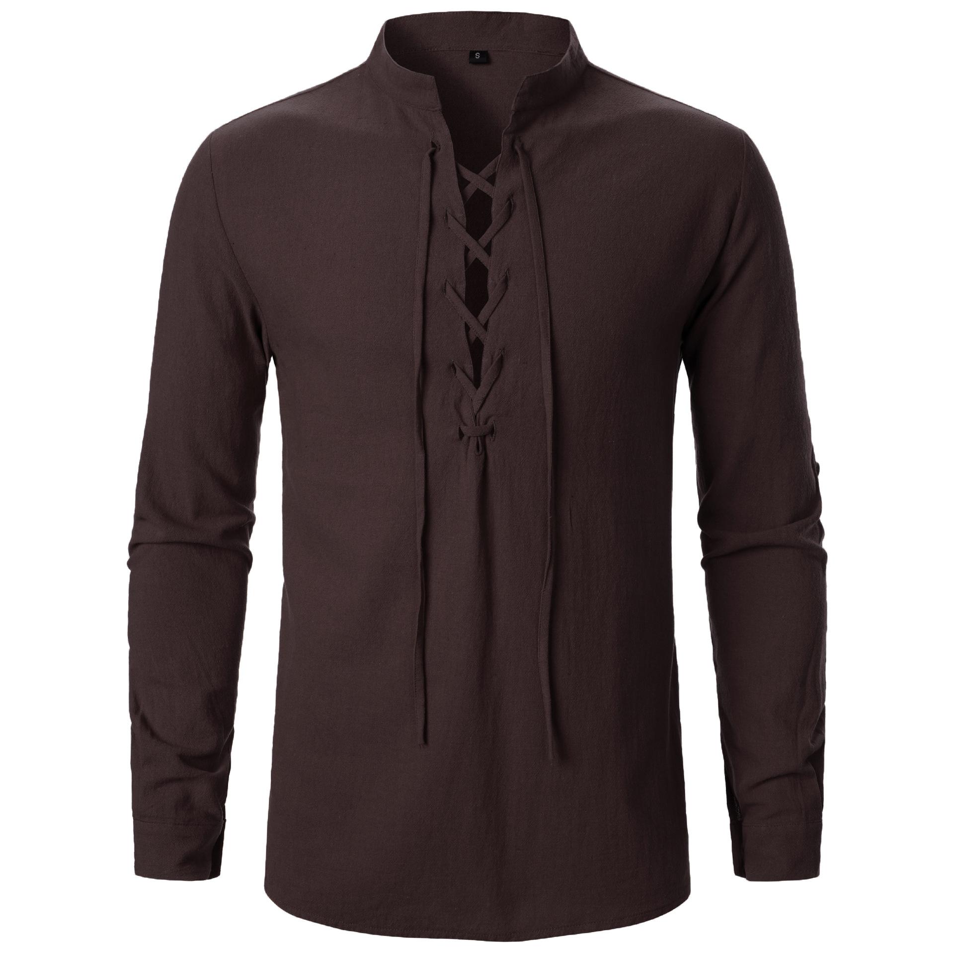 

Новая мужская футболка с V-образным вырезом, модная винтажная тонкая футболка с длинным рукавом, мужская повседневная дышащая рубашка Viking Front со шнуровкой, мужская пляжная рубашка Yasheng M темно-коричневого