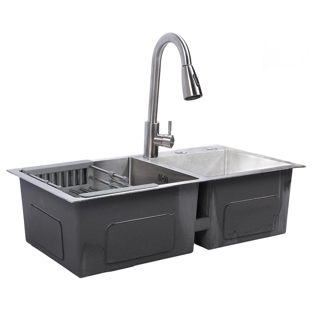 Drop in Kitchen Sink Kit 304 Stainless Steel Pull Out Faucet 3 Hole Double Bowl Sink with Drain