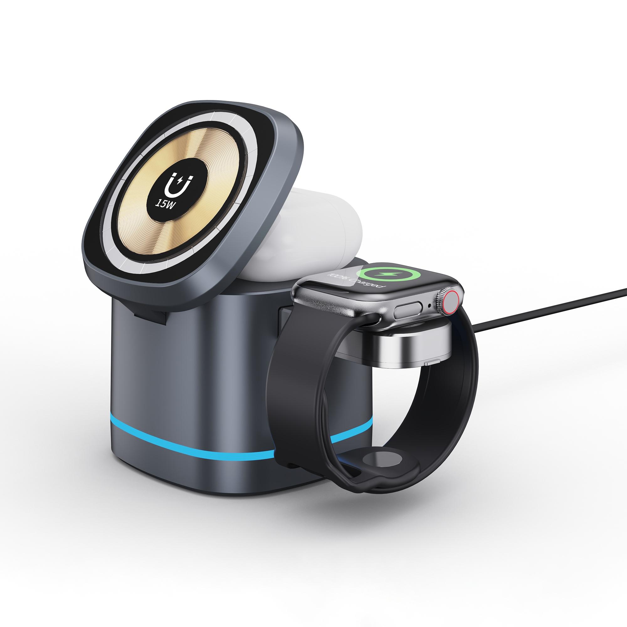 

H32 15W 3-in-1 Magnetic Wireless Charger for Headset,Smart Watch Multi-Function Cell Phone Charging Stand Dark Grey