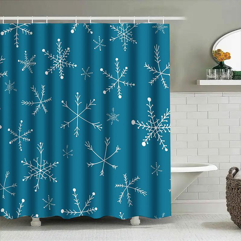 Christmas Snowflake Shower Curtainwaterproof Fabric Decoration For Bathroom White Blue Floral Design (180X234Cm)