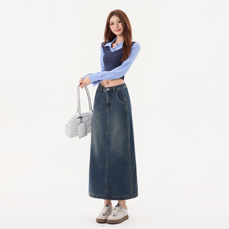 American Retro High Waist A-Line Denim Skirt with Slit and Patchwork - Spring 2026 Collection