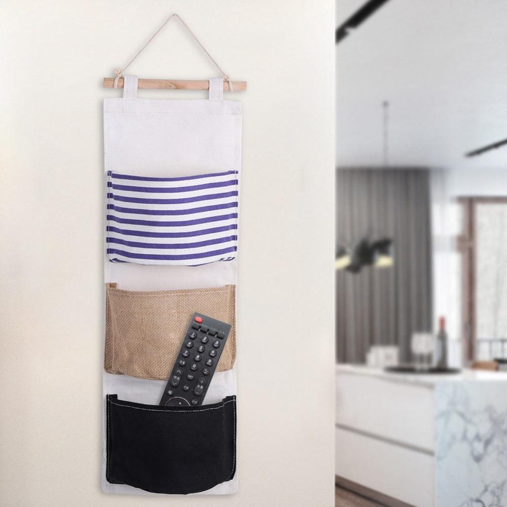 3Layer Design Hanging Storage Bag Cotton Linen Fabric Wall Pouch Wardrobe Hanging Bag  Door Hanging синий