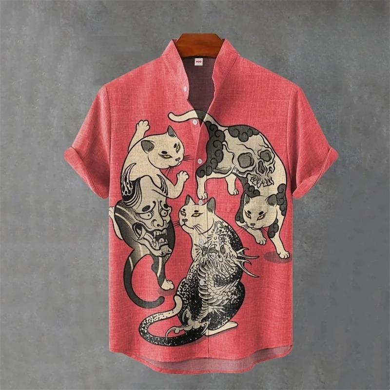 Japanese Animal Graphic Men's Shirt Summer Casual Short Sleeve Tops Hawaiian Tiger Shirts Men Oversized Lapel Button T-Shirt Man