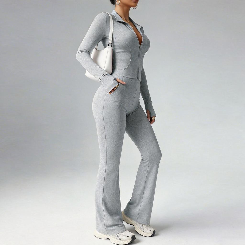 Women’s Long Sleeve Zip Up Ribbed Jumpsuit One Piece Flared Pants Fitted Stretchy Collar Bodysuit for Daily Wear