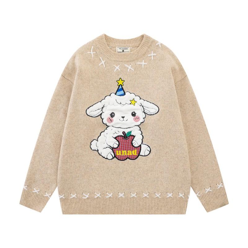 American Retro Cartoon Embroidered Knit Sweater Loose Fit Unisex Daily Wear
