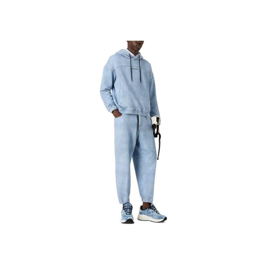 Emporio Armani Letter Pattern Drawstring Hooded Sports Sweatshirt Men Sweatshirt Blue 3D1MEG-1JWPZ-F917