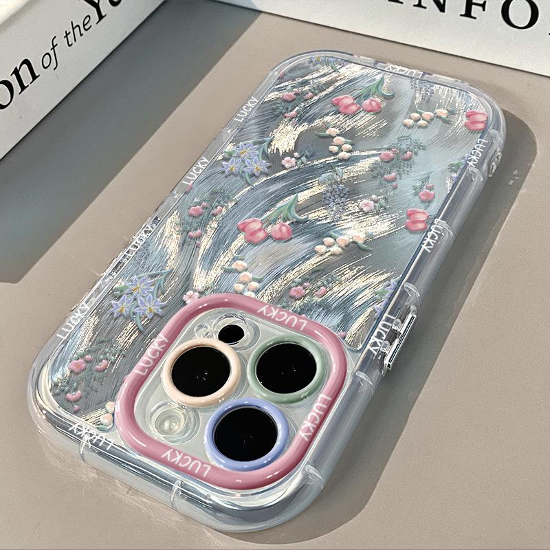 Full Screen Small Flowers Suitable for Apple 15 Cream Feather Yarn Small Fresh Mobile Phone Case Iphone13 16proamx Anti Fall