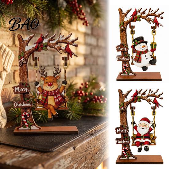 Holiday Desktop Decorations Christmas Wooden Ornaments, Santa Snowman Figurine with Moving Swinging Puppet Xmas Gifts Swing, Rustic Tabletop