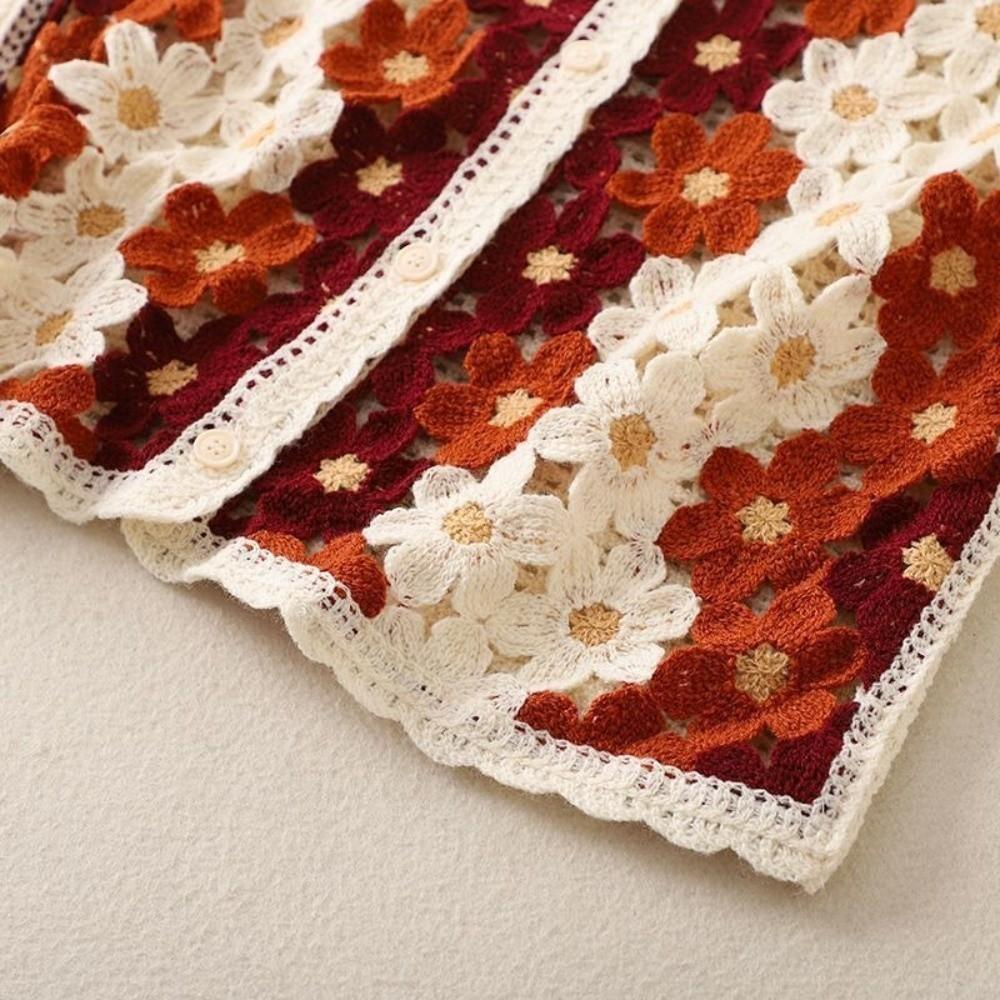 Button-up Sleeveless Jacket Colorful Floral Waistcoat Top 2026 Openwork Vest  Short Cardigan