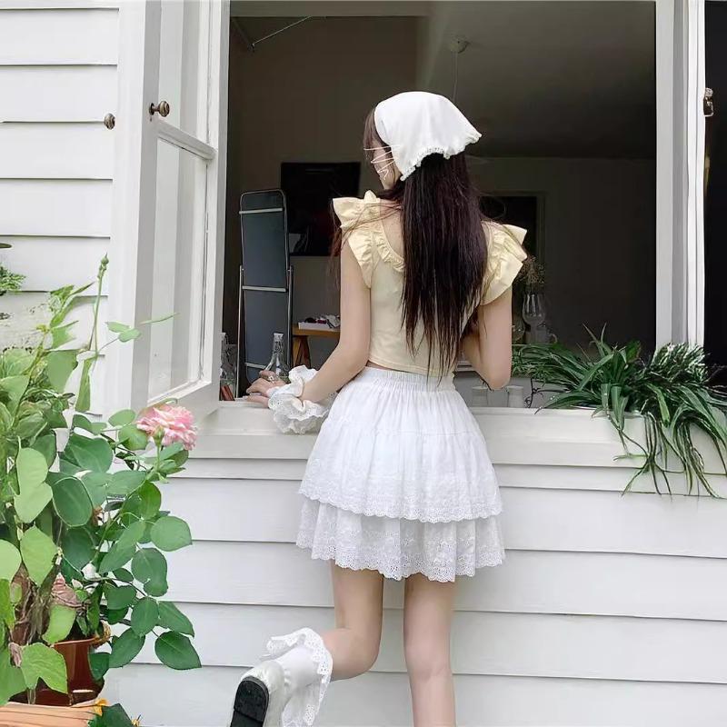 DX~~Gentle Wind Fluffy Cake Skirt Women's Summer High Waist Slim Hollow Lace A-line Half skirt