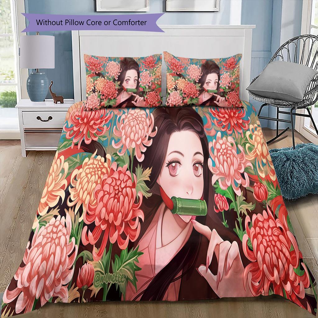 Demon Slayer Anime Pattern Bedding Quilt Set Quilt Cover Pillowcase Home Birthday Gift(1 * duvet cover + 2 * pillowcase, without core)