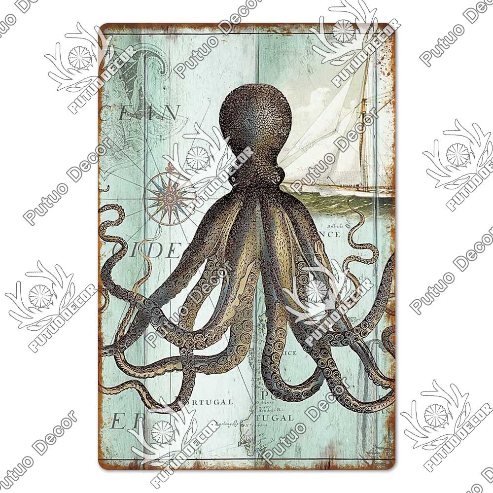 Decor Marine Animals Tin Sign Vintage Plaque Metal Wall Retro Posters for Beach Bar House Decorative Art Iron Painting