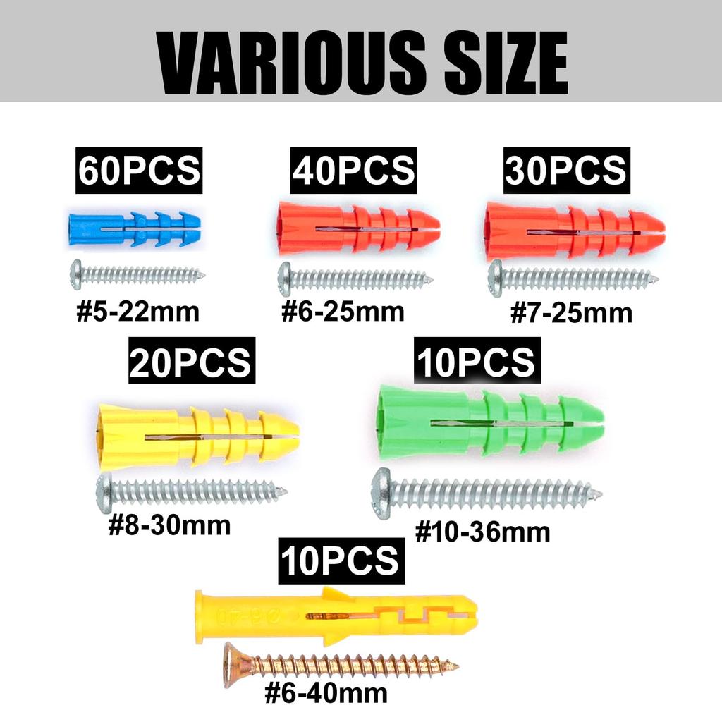 340 Stück Kreuzschlitzschraube mit Schlitz Dübelset Kombination, verwendet für Wandaufhängung und dekorative Installation.
