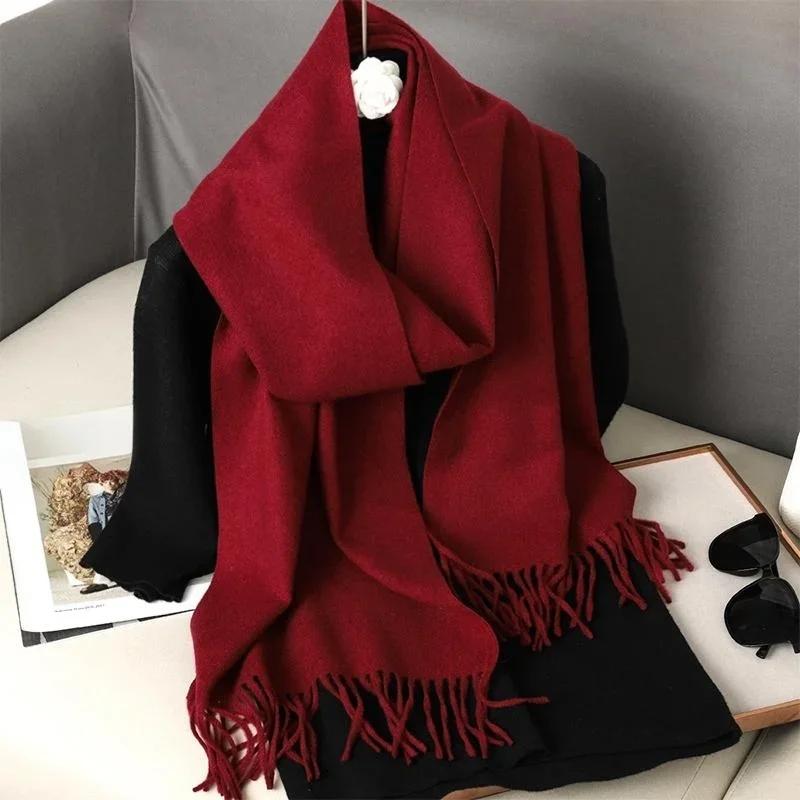 

Warm Thicken Cashmere Shawl Outdoor Fashion Luxury Tassels Pashmina Lady Wrap Windproof Scarves Solid Women Winter Scarf красный