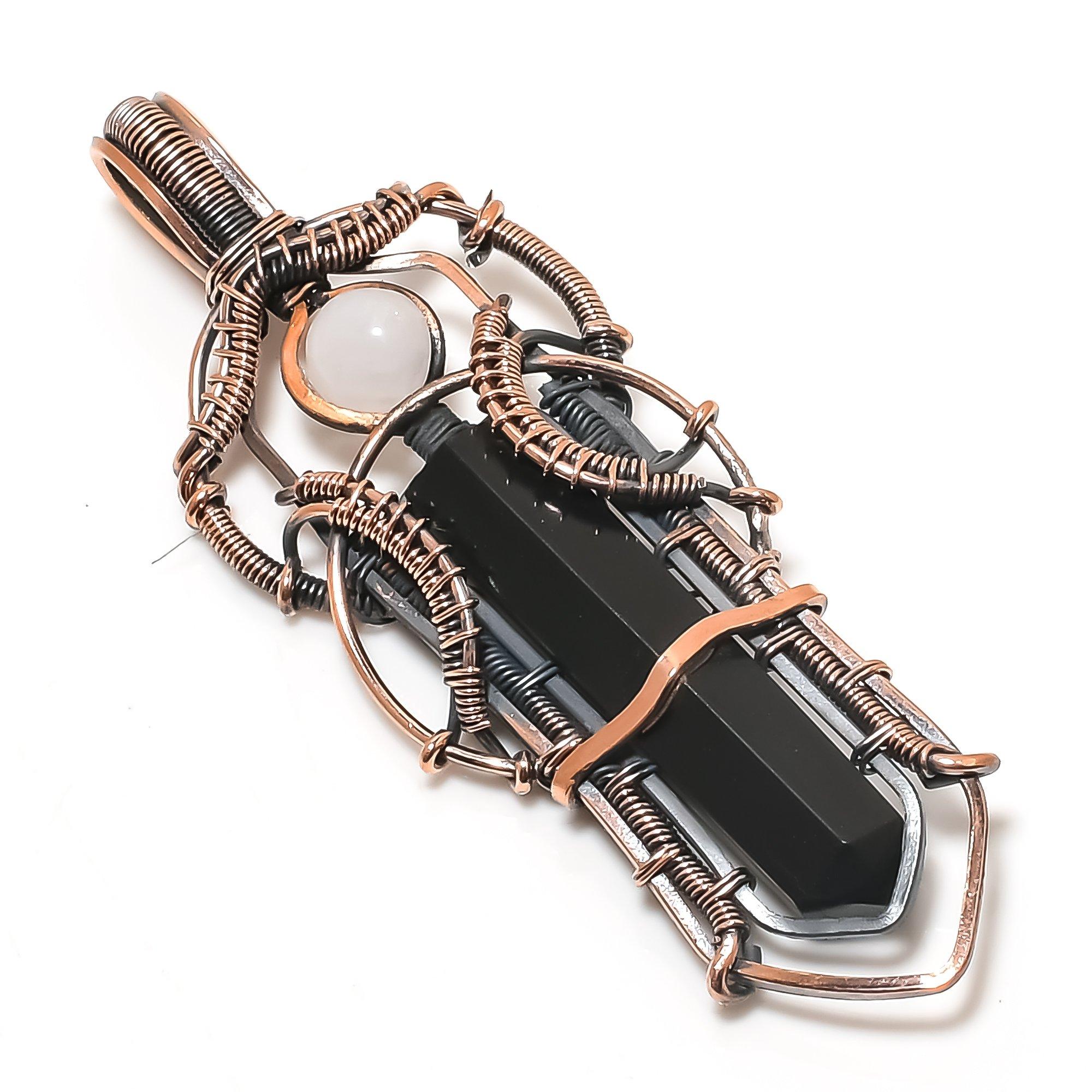 

Shungite & Moonstone Pendant, 999 Copper Wire Wrapped Gemstone Jewelry, Handmade Pendant, For Thanksgiving чёрный