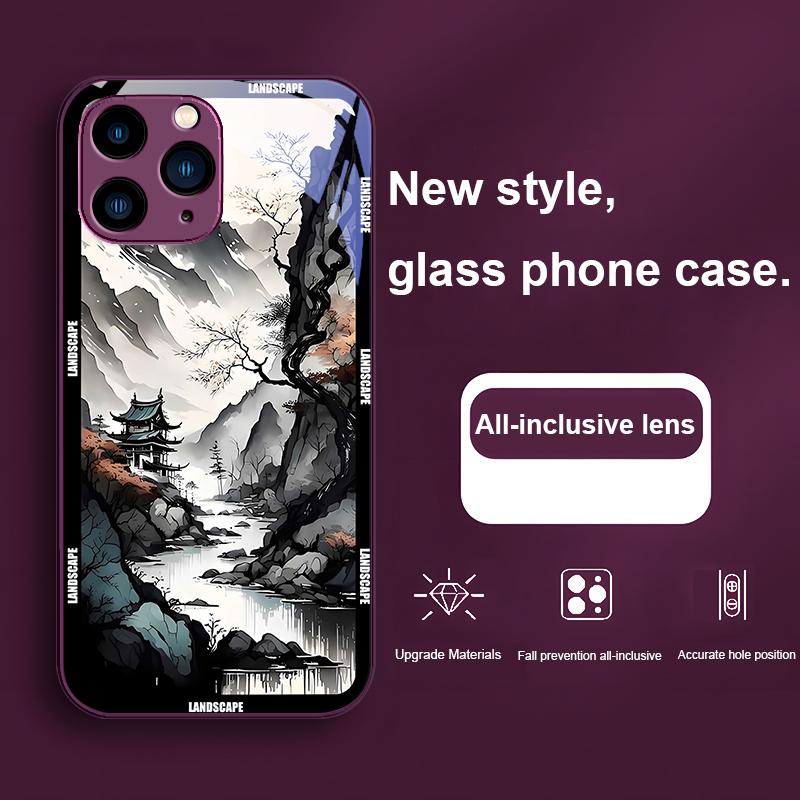 Chinese Landscape Painting For Iphone 16 Plus 15 14 13 12 Mini 11 Pro Max X XS XR 7 8 Plus 2022 Tempered Glass Phone Case