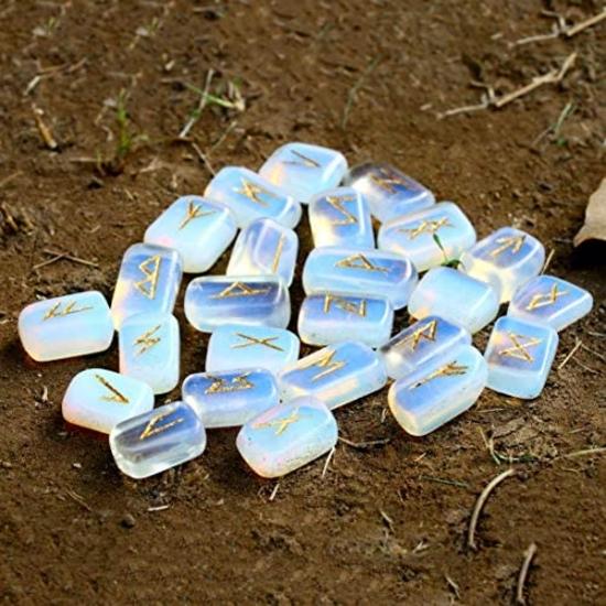 Crocon Opalite Gemstone Rune Stones Set with Elder Futhark Alphabet Engraved Symbol for Chakra Balancing Runes with Pouch :- 20-25 mm App.
