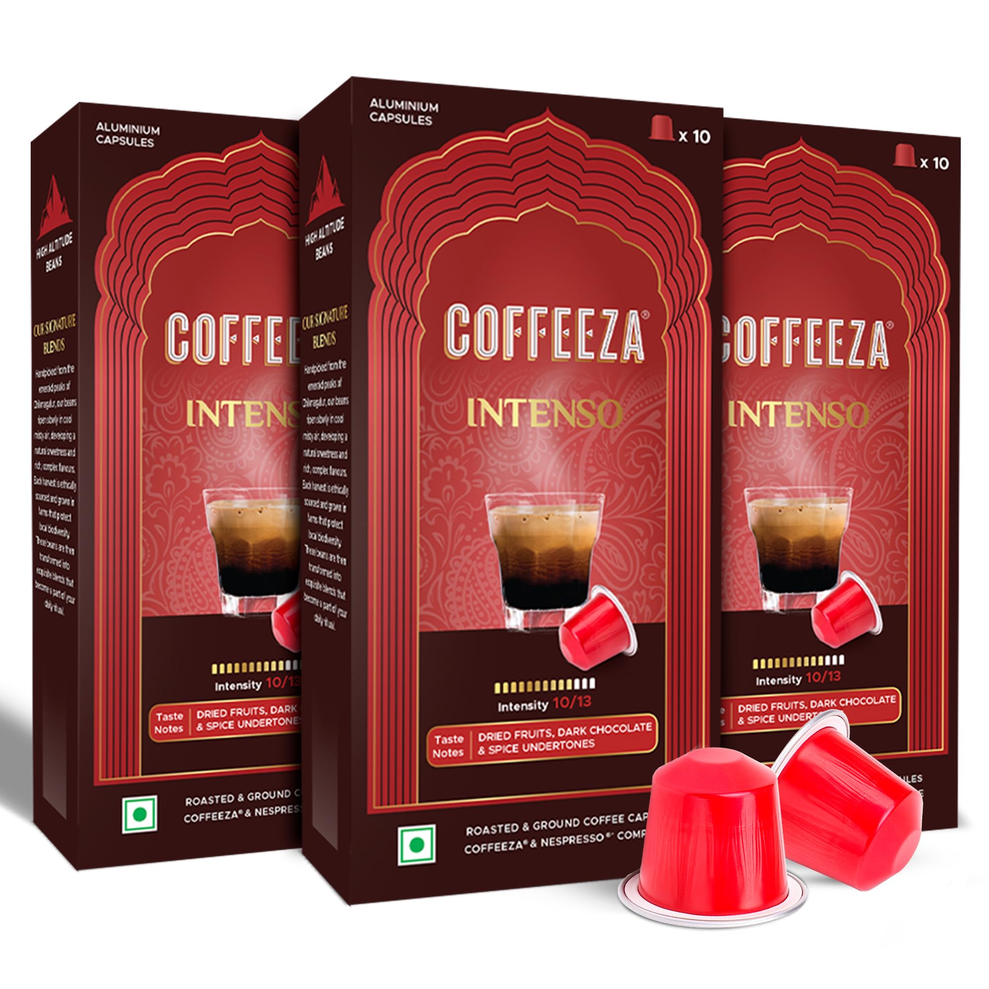 COFFEEZA Intenso Aluminium Coffee Capsules, Intensity - 10, Nespresso Compatible Coffee Pods, Box Of 3 (30 Capsules), Brew Cold/Hot