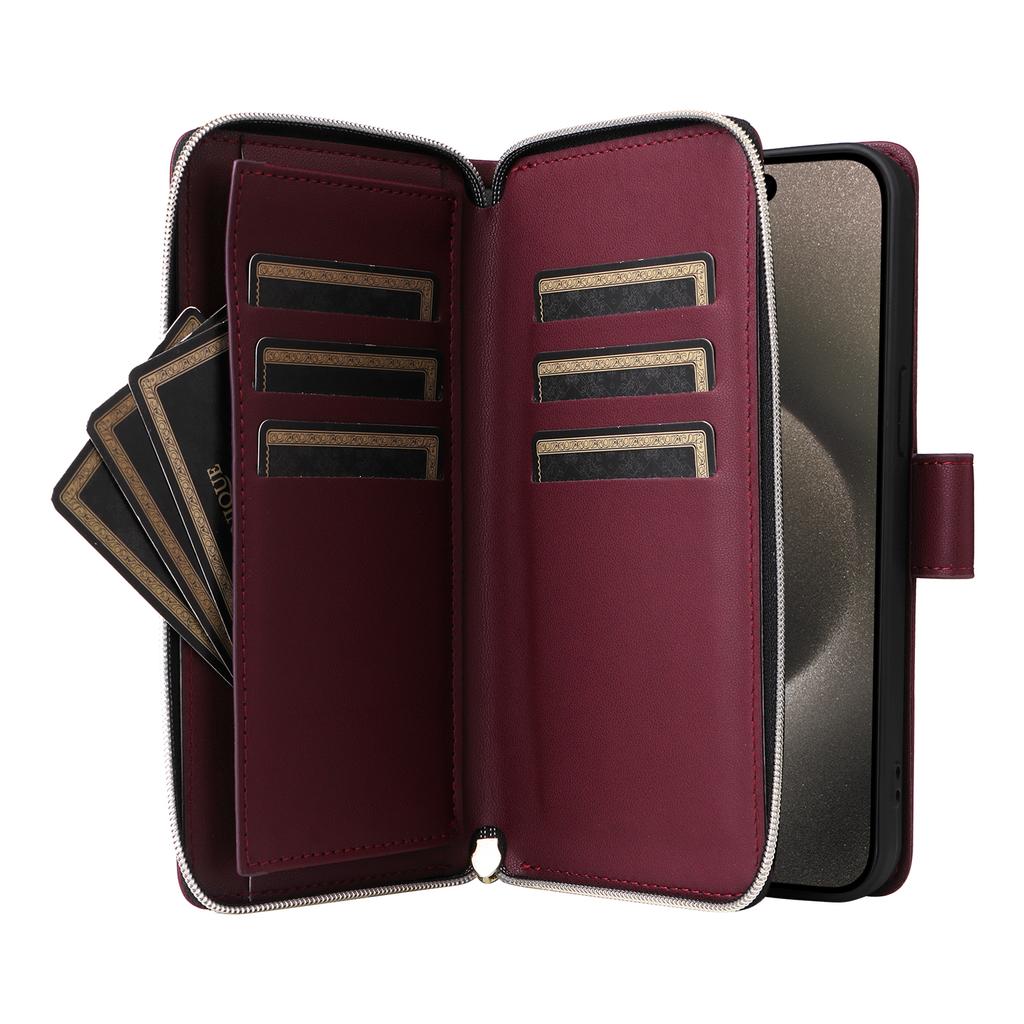 R20 For iPhone 15 Pro Max Case Zipper Pocket PU Leather Cover with 9 Card Slots