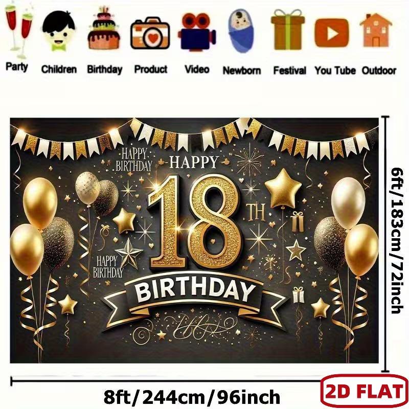 2D 18th Birthday Black Gold Star & Confetti Backdrop for Adult Party