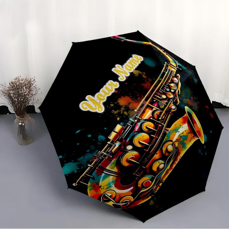 1PC Custom Name Colorful Saxophone Art Automatic Folding Umbrella Compact Travel Umbrella for Men & Women, Ideal Gift for Christmas, Birthdays, Hallow