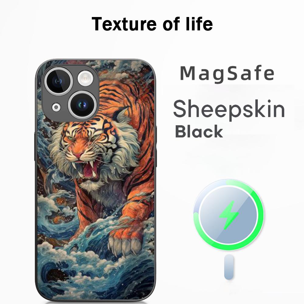 Japanese Tiger Art fashion design Phone Case For iPhone 16 15 14 13 12 11 Plus Pro Max  High-end Luxury Magsafe Sheepskin