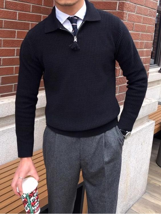 Men's British Style Slim Fit Half-Zip Pullover Sweater - High Neck, Lightly Mature, Gentlemanly Simple Knitwear for Spring and Autumn.