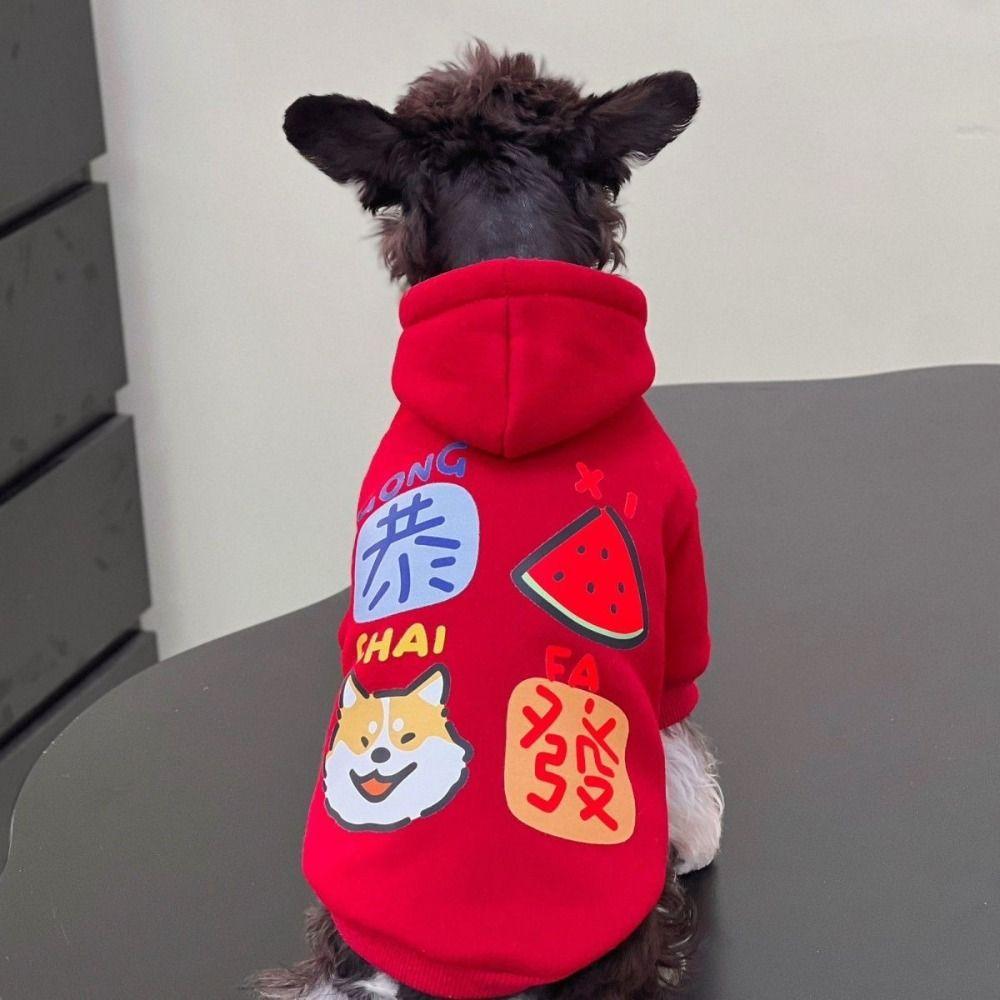 Puppy Costume Warm Pet Dog Hoodies Thickened Cartoon Puppy Pullover Soft Red Dog Jacket Clothing New Year Celebration