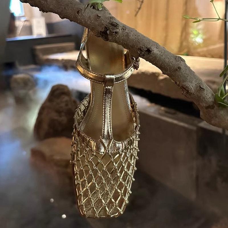 Fashion Silver Hollow Mesh Ankle Buckle Sandals - Stylish Low-Heel T-Strap Summer Footwear for Casual/Street Wear