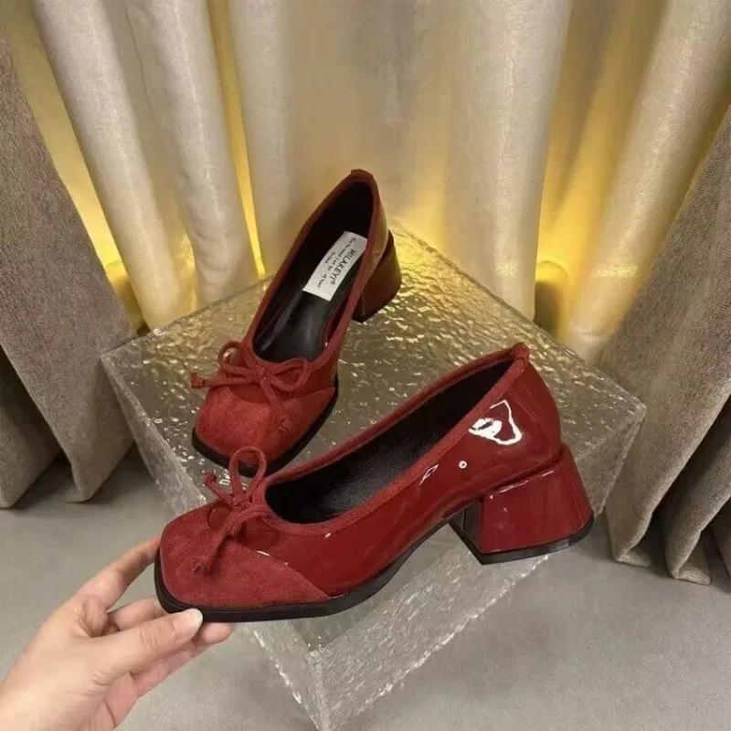 With Medium Heels Woman Pumps Shoes for Women Chunky Bow Square Toe Block Heel Discount Non Slip Vacation Footwear Wholesale Y2k
