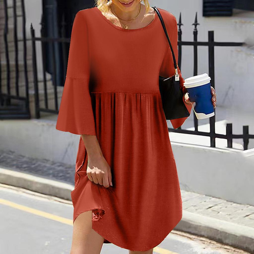 Women's Color Round Neck Seven-Part Sleeve Sub Bohemian Dress