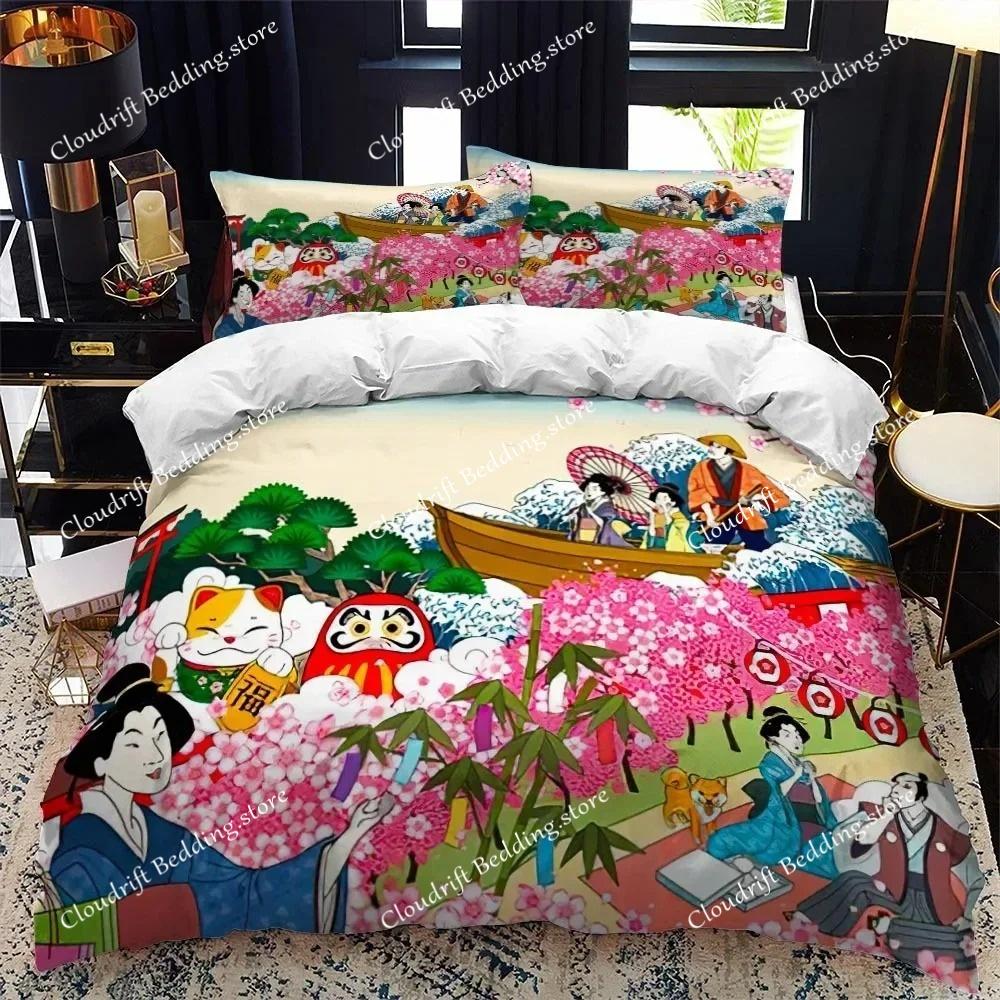 Bettbezug-Set im japanischen Stil, King-Size-Bett, Queen-Size-Bett, Ukiyo-e-Motiv, Wellenmuster, Polyester-Bettwäsche-Set, Fuji-Berg, exotischer Stil