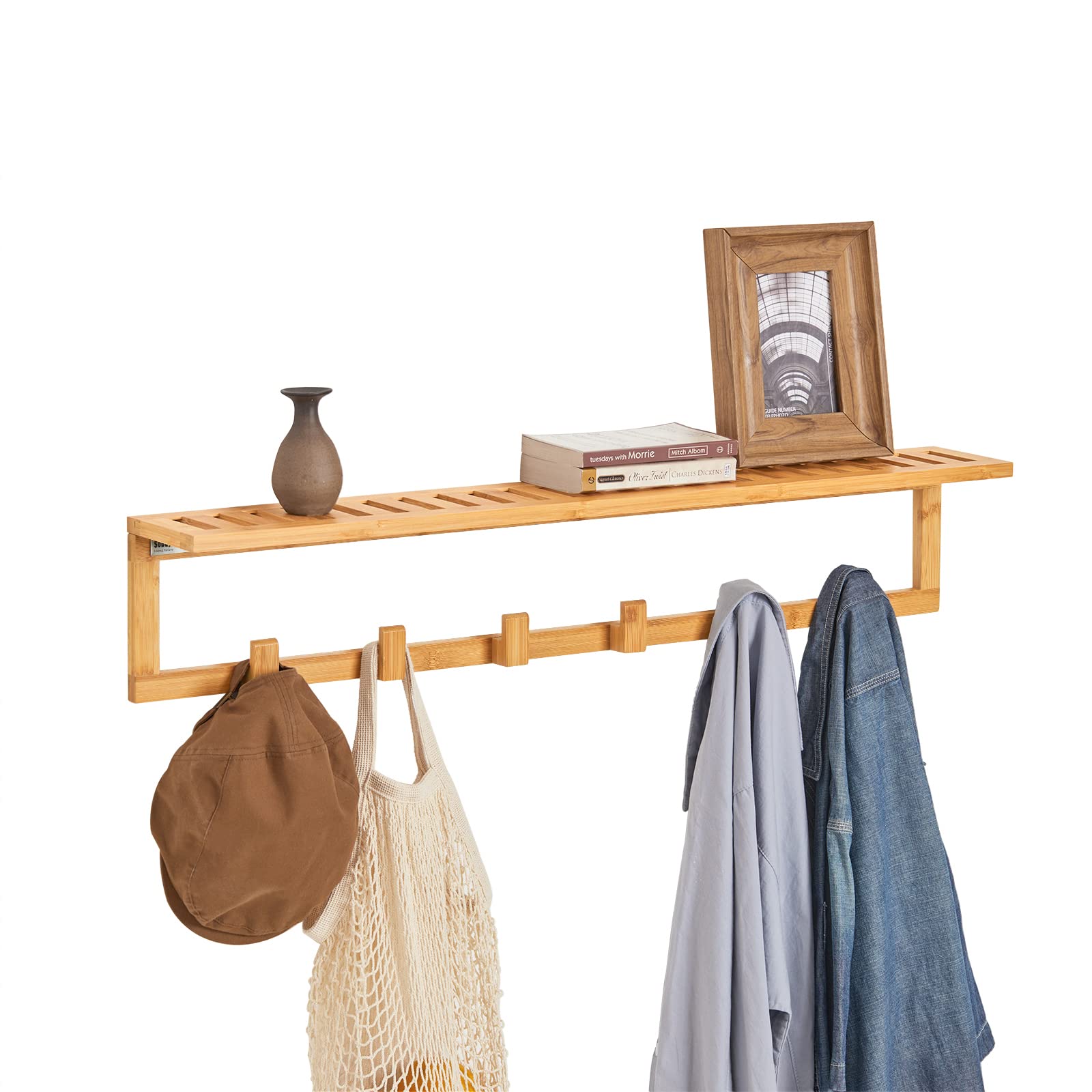 SoBuy Wall Wall 90cm Decorative Stylish Storage and Hat Clothes Coat Coat Hanger Hook Shelf, Hanger, Wall-Mounted Hooks, Bamboo, Wide, Shelf,