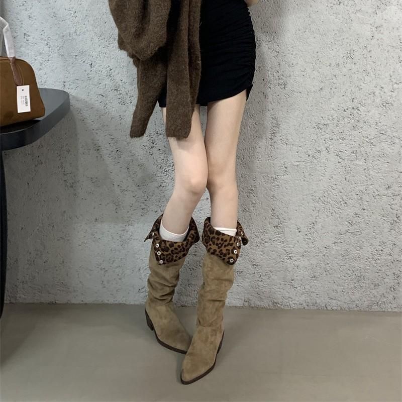Pleated stacked boots women's 2025 autumn and winter new high knight boots pointed thick heel two wear long boots women's boots