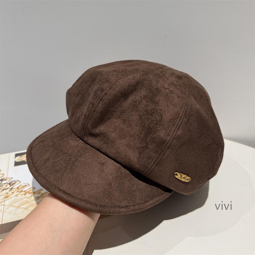 Autumn and winter simple coffee color big head circumference octagonal hat women's autumn and winter retro versatile suede fashion painter hat