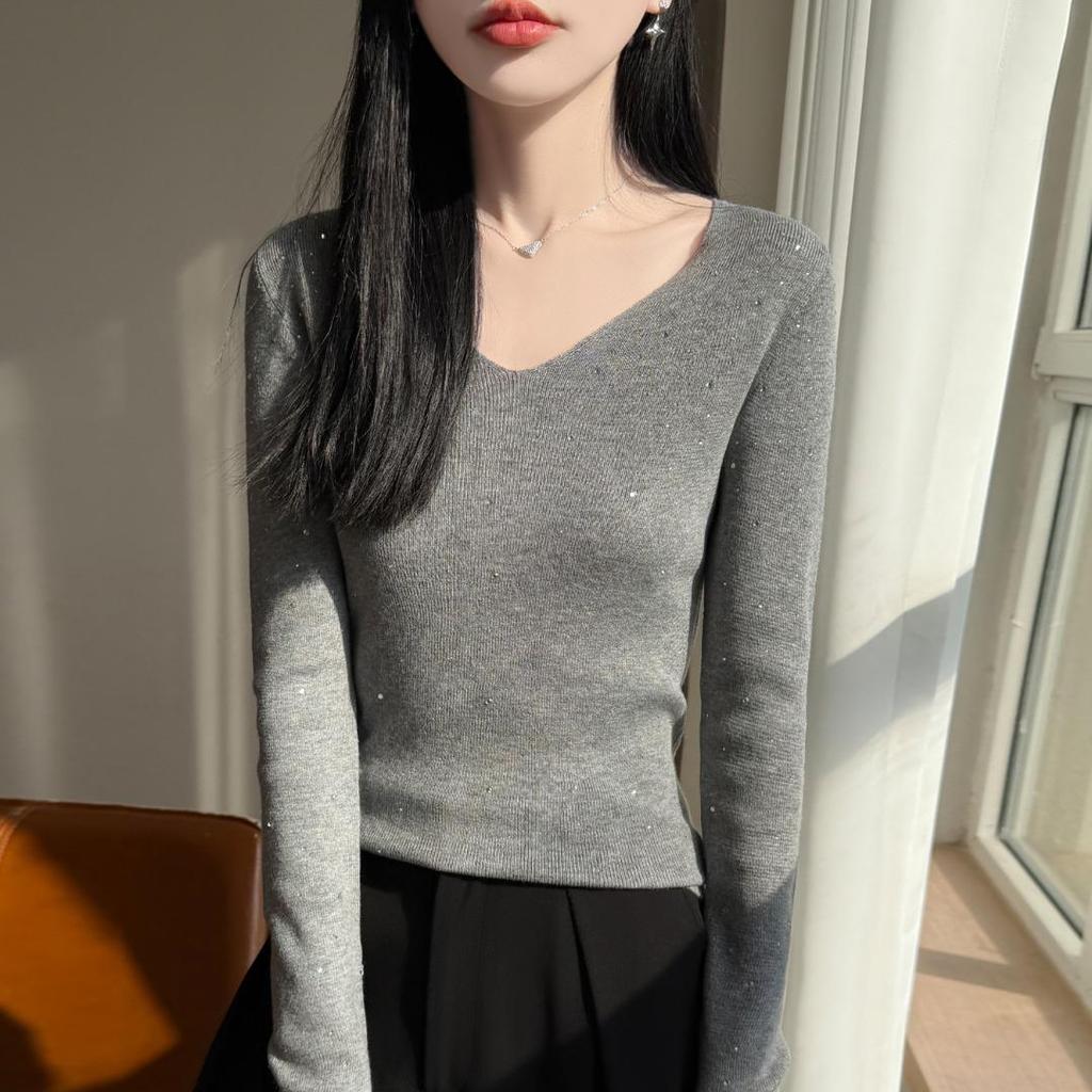 Korean Sparkly Knit V-Neck Sweater: Slim Fit, Waist-Cinched Design for Autumn/Winter
