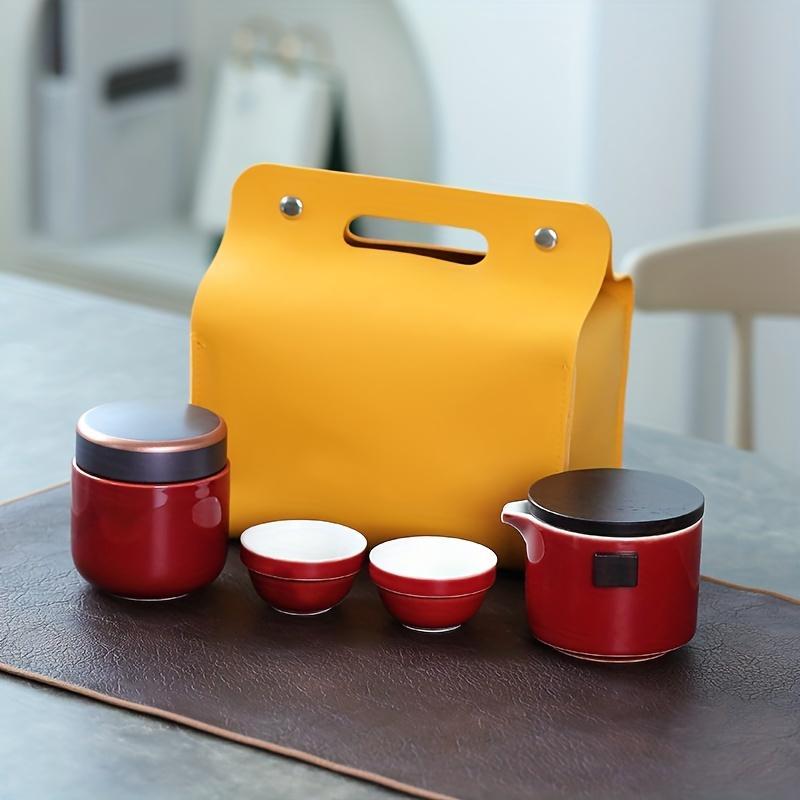 1 Set Reise Tee-Set Porzellan Tee-Set Kungfu Tee-Sets Mit 1 Teekanne (mit Sieb) 4 Teetassen Teekanister Aufbewahrungstasche Alles in einem Geschenk für Picknick O